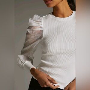 ANTHROPOLOGIE DOLAN SHEER PUFF SLEEVE BLOUSE RIB SWEATER TOP WHITE XS PETITE